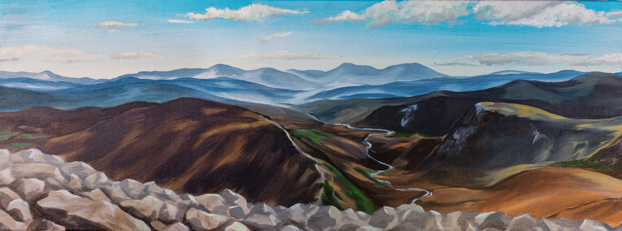 Painting of a landscape from the top of a mountain