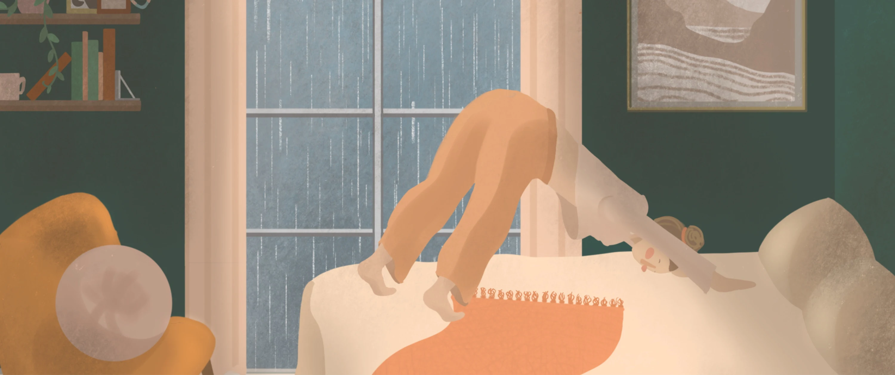 Illustration of a girl in a bedroom, doing a downward dog yoga pose on the bed. The window in the background shows heavy rain